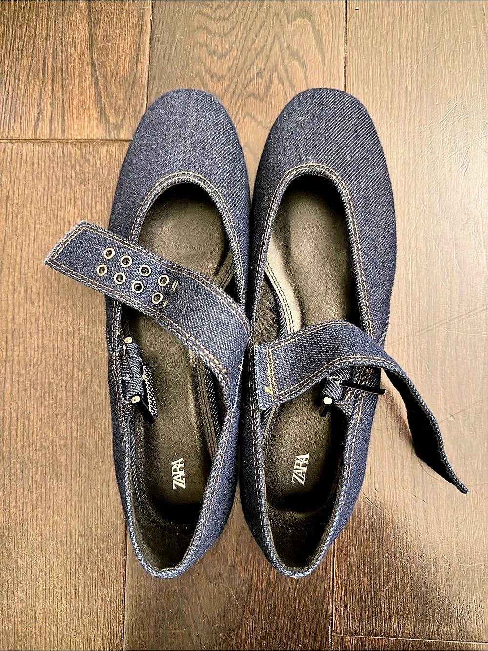 Zara Denim Ballet Flats with Buckle Strap in Blue